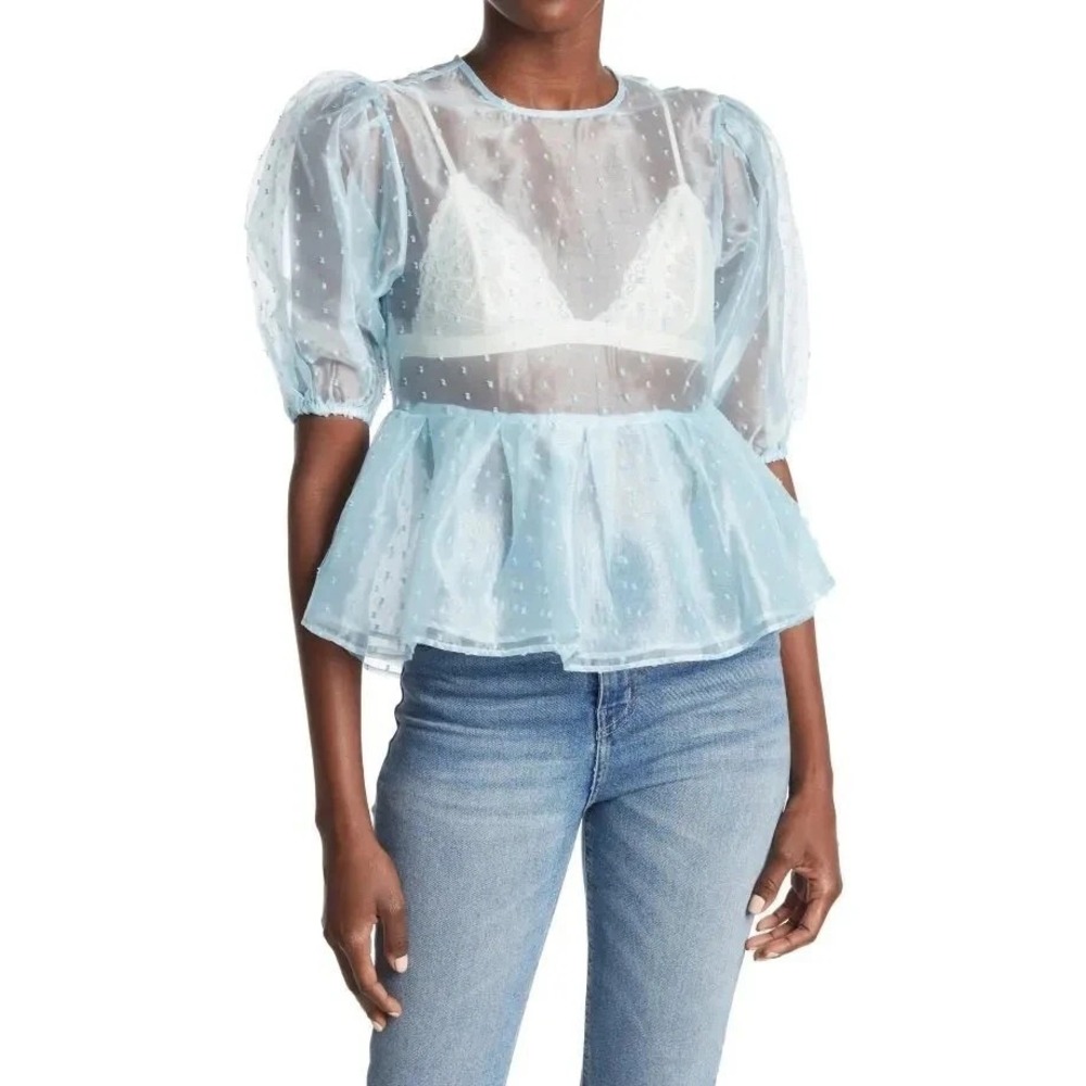 Topshop NWT Dobby Dot Organza Sheer Puff Blouse in Powder Blue Size 12